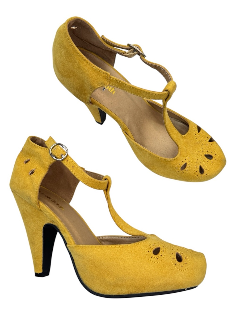 ModCloth Yellow Faux Suede Heels Womens 7 Retro Pinup Rockabilly Mary Jane